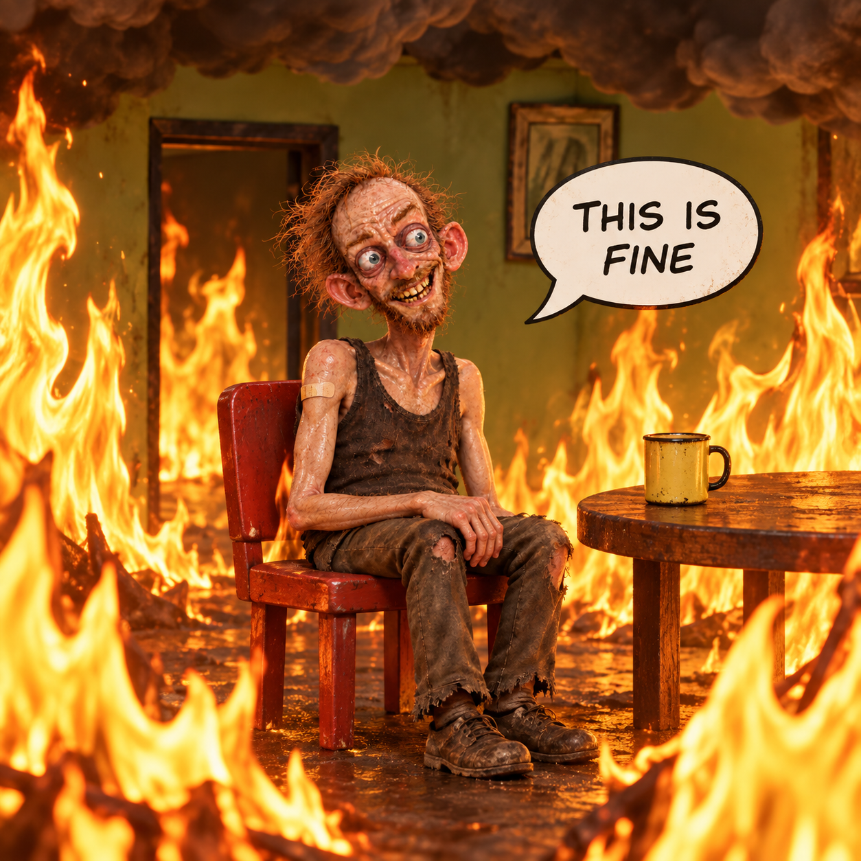The $VACCINATED patient sitting calmly in a burning room, holding a mug, with a speech bubble reading THIS IS FINE